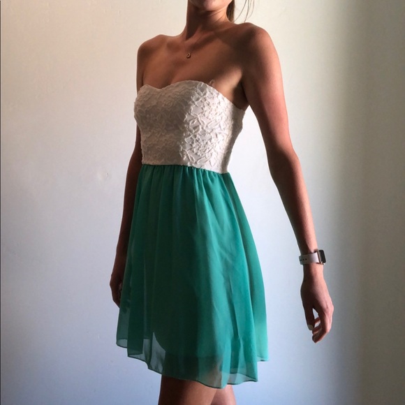 Tiffany Blue & White Lace Strapless Dress - Picture 3 of 4